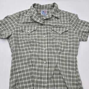 Vintage Levi's Western Wear‎ Pearl Snap Green Plaid White (L-21)